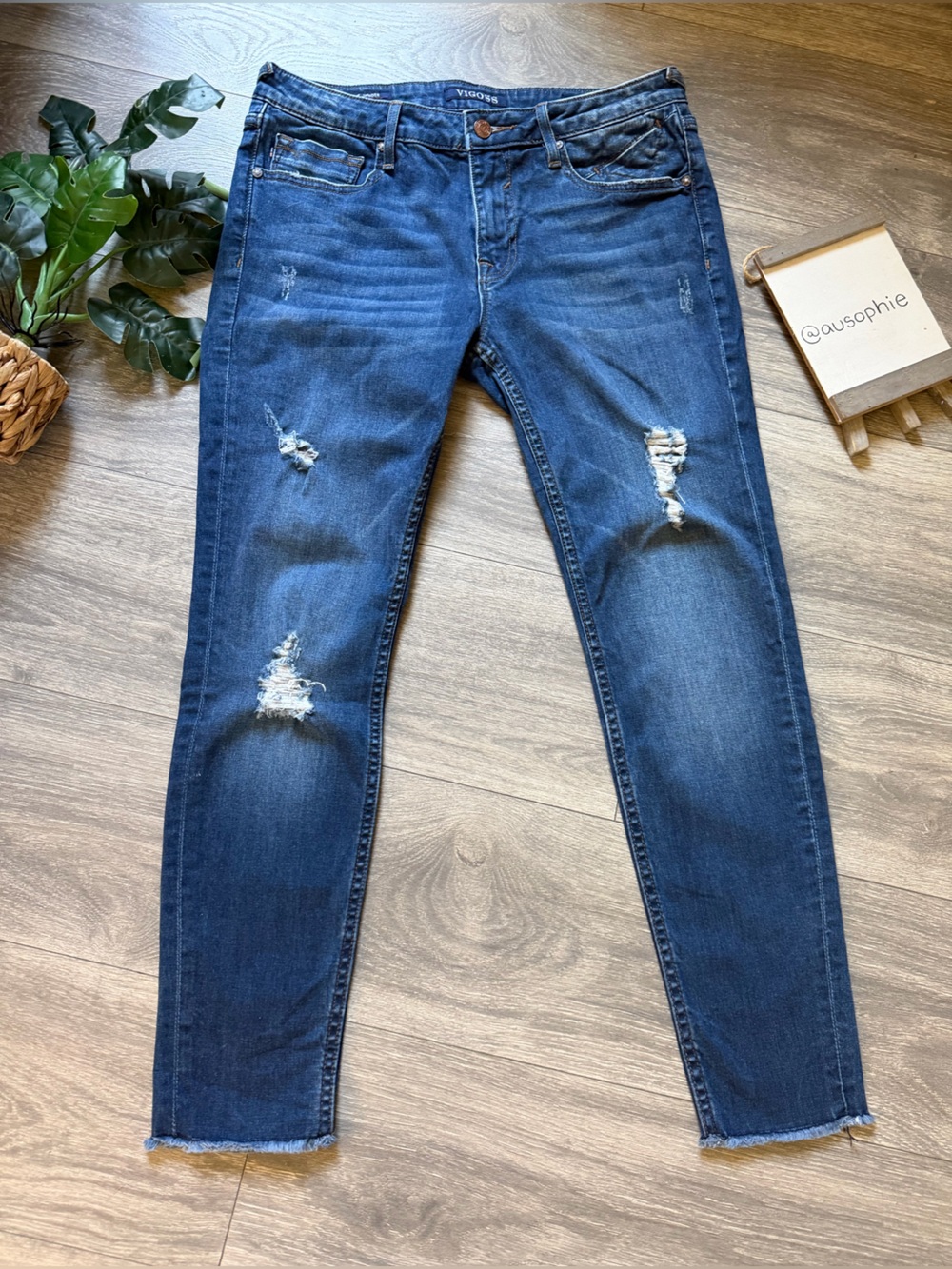 Vigoss Jagger Skinny Distressed Whiskered Dark Wash Raw Hem Jeans. Size 29